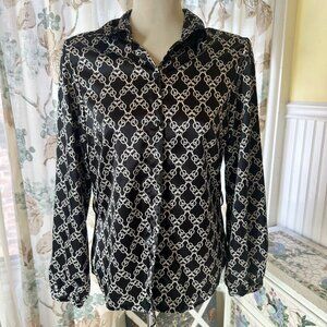 Notations Medium Vintage 90s long sleeve silky blouse black chain print